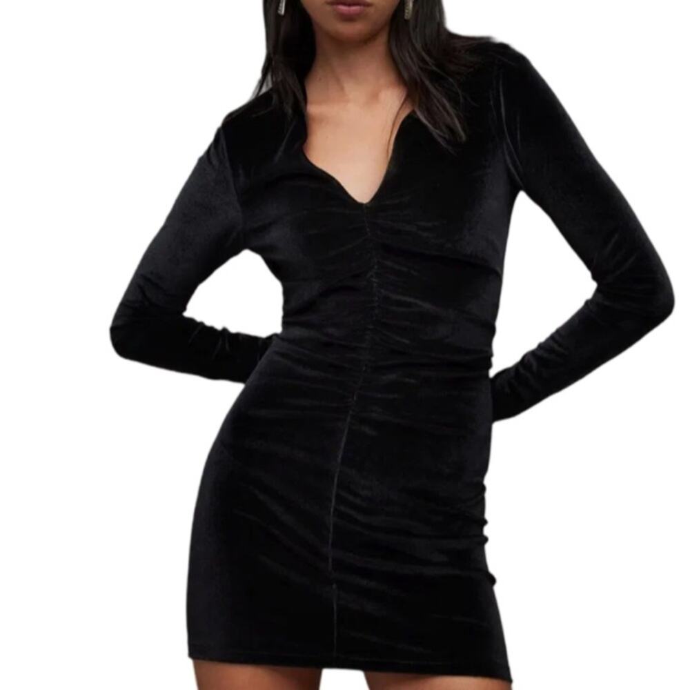 All Saints Anya Velvet V-Neck Mini Dress - Black Size 2